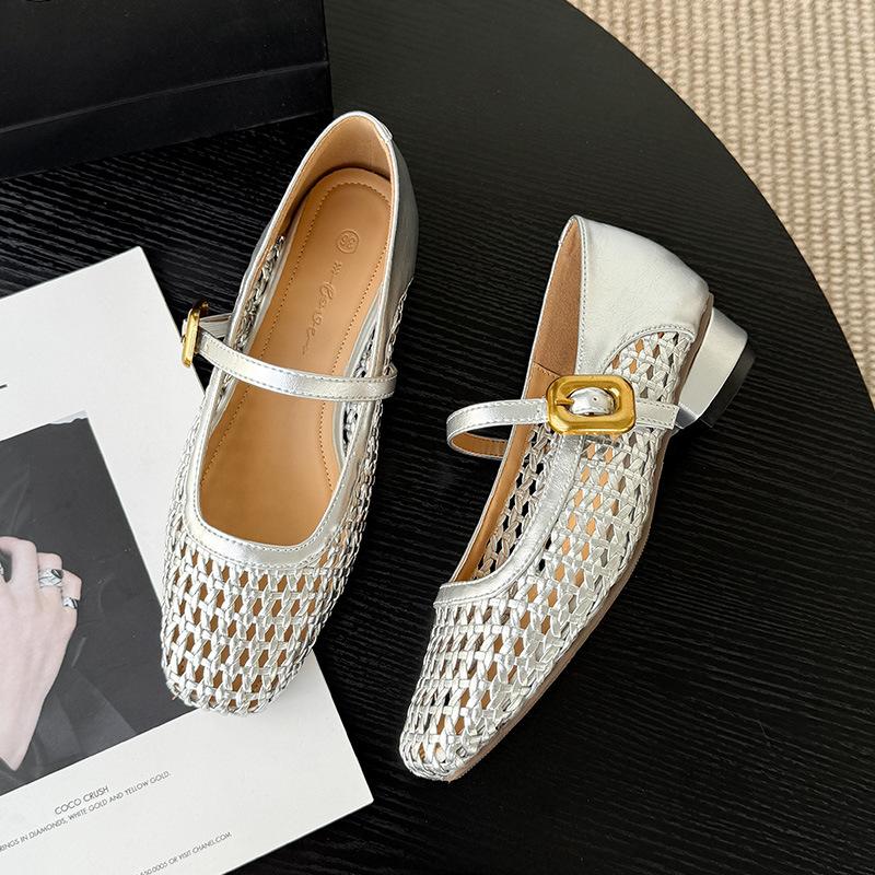 Retro Soft Leather Square Head Woven Hollow Mary Jane Shoes Women's Shallow Mouth Square Head Thick Heel with Sandals