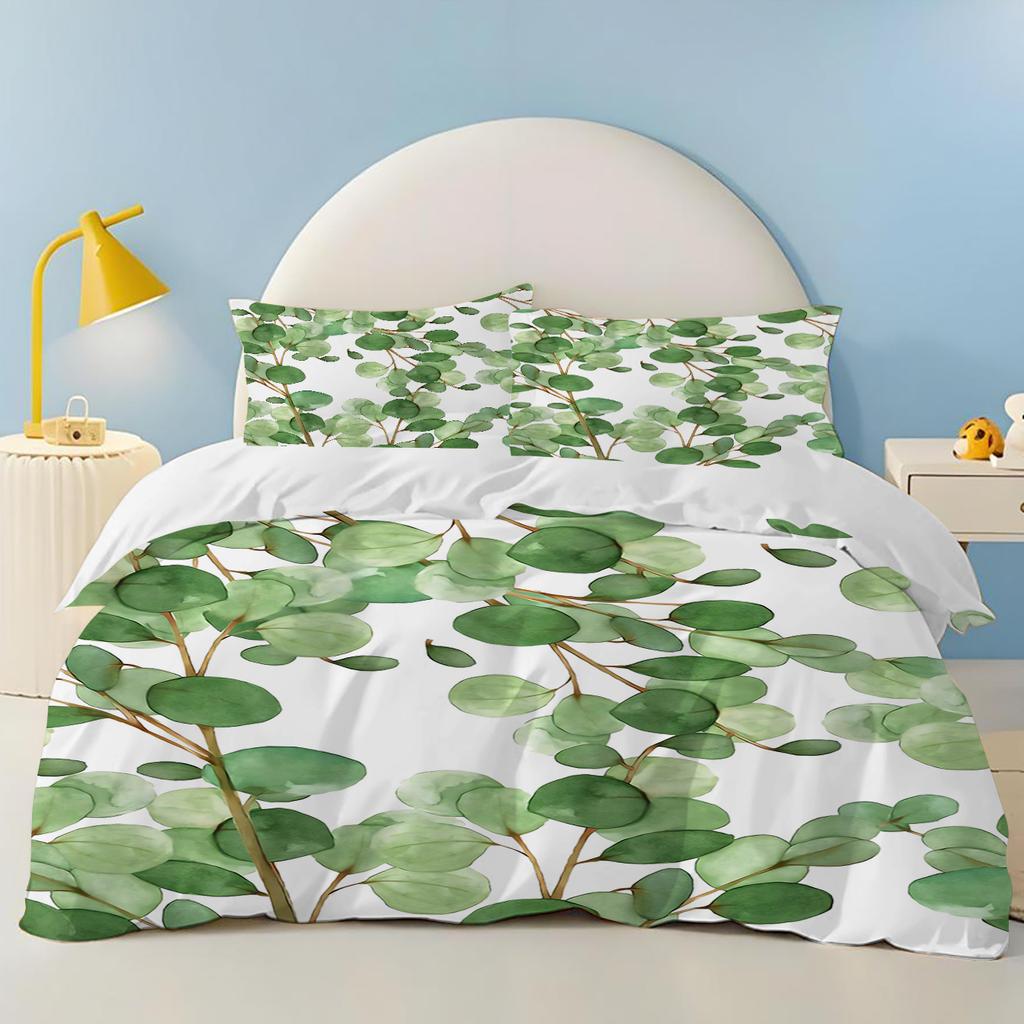 Green plants Palm leaves 100% PolyesterAnime Printed Bedding Set Duvet Cover Queen Cotton Cute Printed Cartoon Quilt Cover