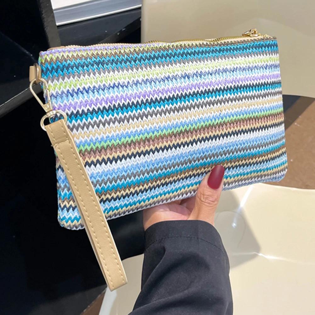 2025 Summer Straw Clutch Purse Bohemian Colorful Striped Wristlet Bag Hand-Woven Chic Hobo Bag Women's Retro Chain Crossbody Bag