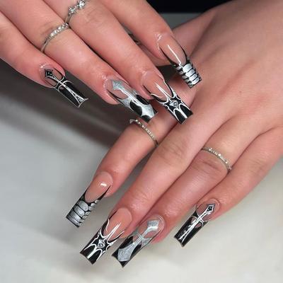24PCS/SET Quick Nails Glitter Ripple Manikúra Glitter Dlouhé Baletní falešné nehty Vodotěsné Nositelné Hotové samolepky na nehty