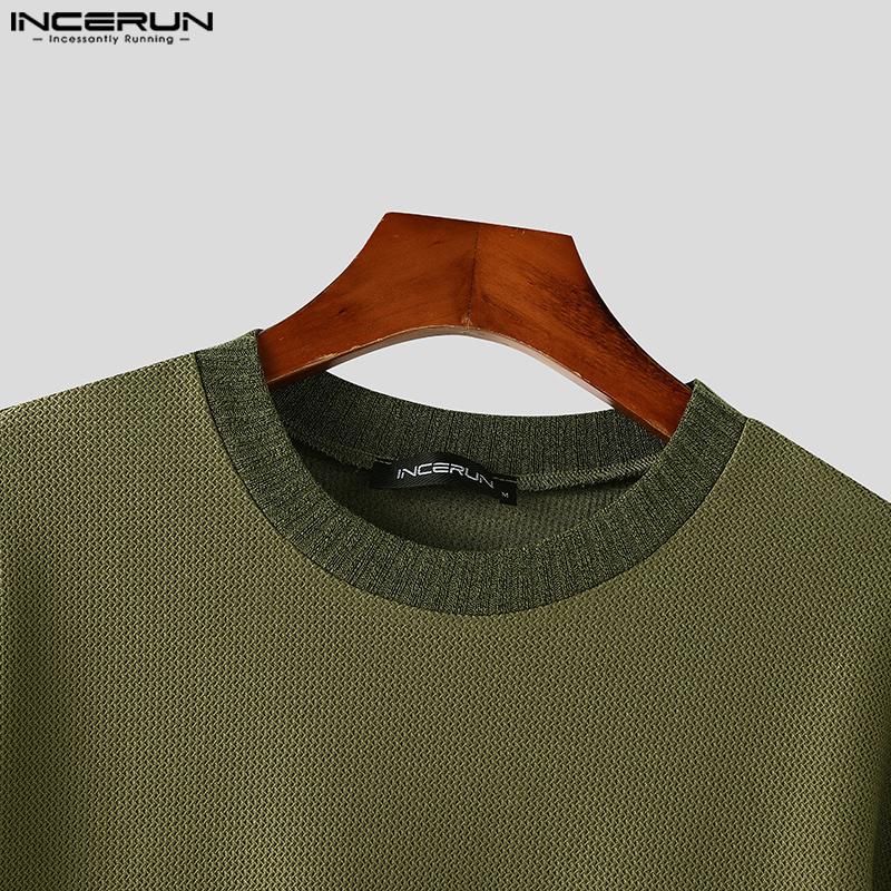 INCERUN Summer Men O-Neck Short Sleeve Stitching Texture Hollow Casual Loose Tops T-shirts
