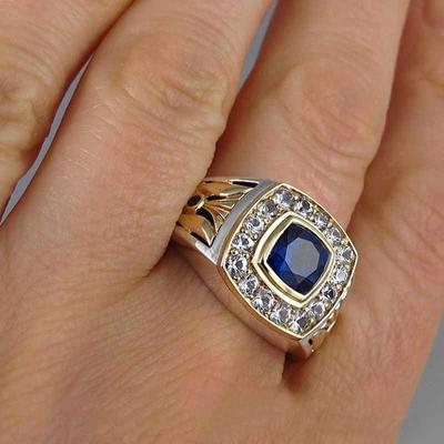 Square Men Ring Vintage Blue CZ with Micro Paved Business Style Men Ring Retro Design Wholesale Lots&Bulk with Size 6-10
