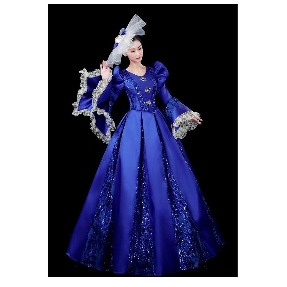 Vintage European Court Gown Women Embroidery Lace Flare Sleeve Victorian Dress with Hat for Party Cosplay