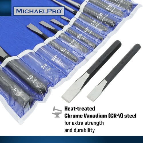 MichaelPro 27-Piece Heavy-Duty Chisel and Punch Set | Center Punch, Pin Punch, Long Taper Punch, Starter Punch, and Chisel Gauge | CR-V Steel - Includ