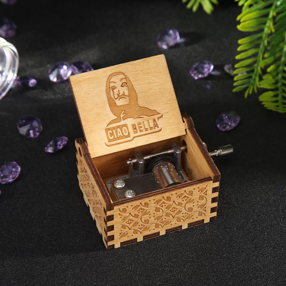 Retro Carved Wood Music Box Creative Chic Hand Cranked Music Box Wooden Hand Cranked Music Box Halloween Christmas Gifts