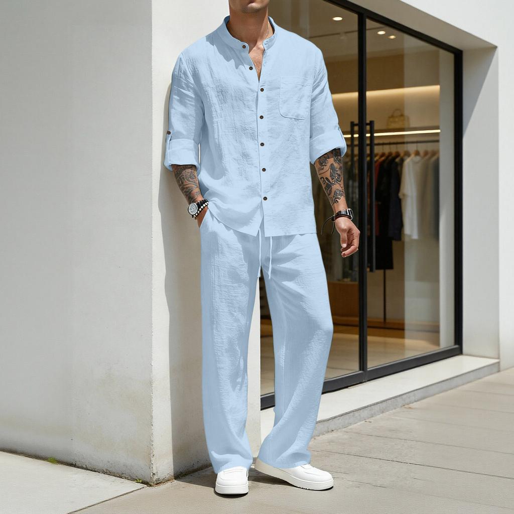 Men's Linen Long Sleeve Shirt and Pant Set Two-Piece Casual Outfit for Summer