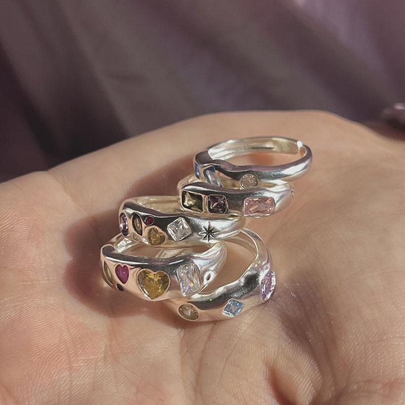 Sweet Cool Coloured Diamond Ring Female Ins Style Niche High-grade Sense of Fashion Personality Light Luxury Hundreds of Candy Coloured Finger Ring