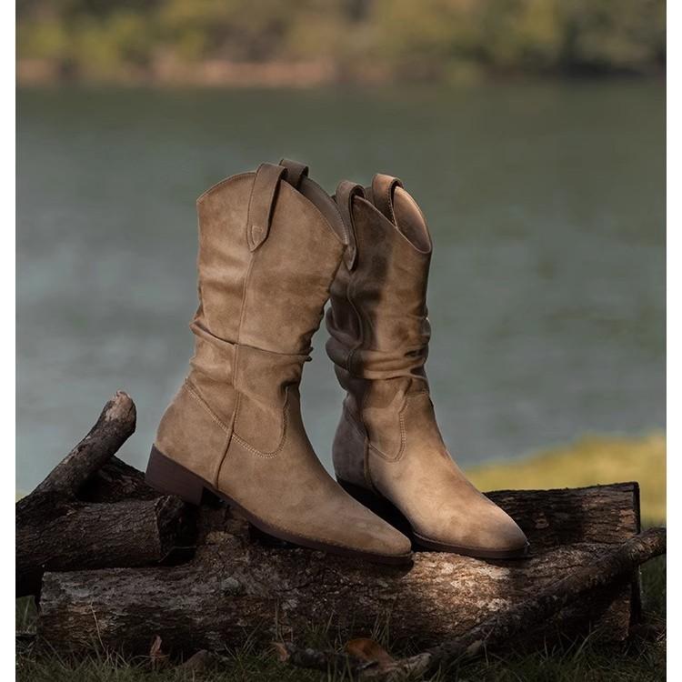 [Factory Spot] Maillard Boots New Pointed Middle Boots Brown Women's Boots Pleated Pile Boots Cowboy Boots