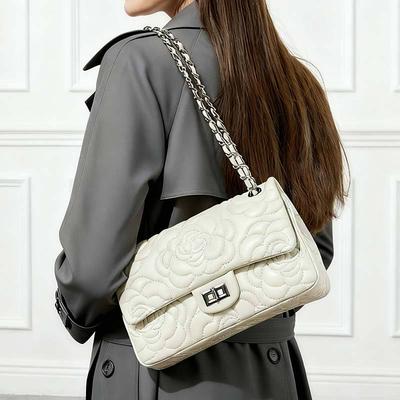 Xiangjia New Genuine Leather Chain Small Style Camellia Embroidery Bag Lambskin Single Shoulder Crossbody Bag Underarm Women's Bag