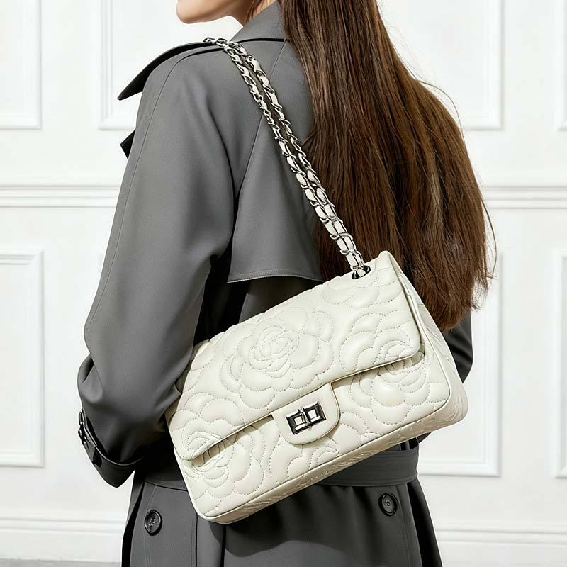 Xiangjia's New Genuine Leather Chain Small Xiangfeng Camellia Embroidery Thread Bag Small Sheepskin Shoulder Crossbody Bag Armpit Women's Bag