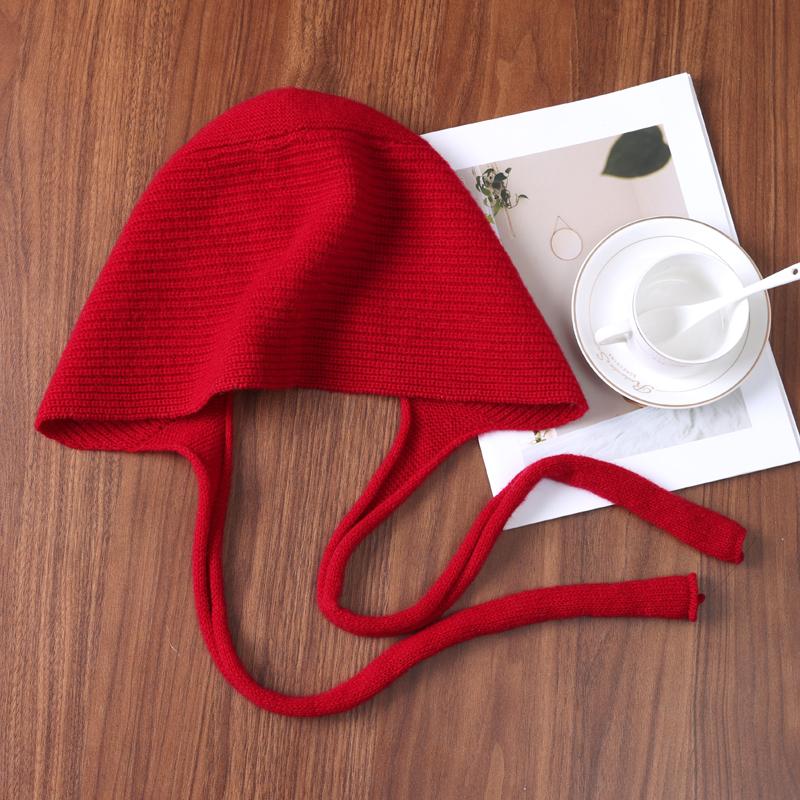 100% Wolle Einfarbige Gestrickte Mütze mit Ohrklappen und langem Zopfband Warm für Herbst & Winter Modischer Schnür-Pullover Woll-Kopfbedeckung