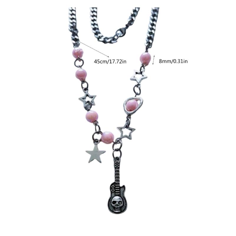 Guitar Star Pendant Clavicle Chain Heart Bead Neckchain Women Metal Necklace Adjustable Length Collarbone Chain Jewelry