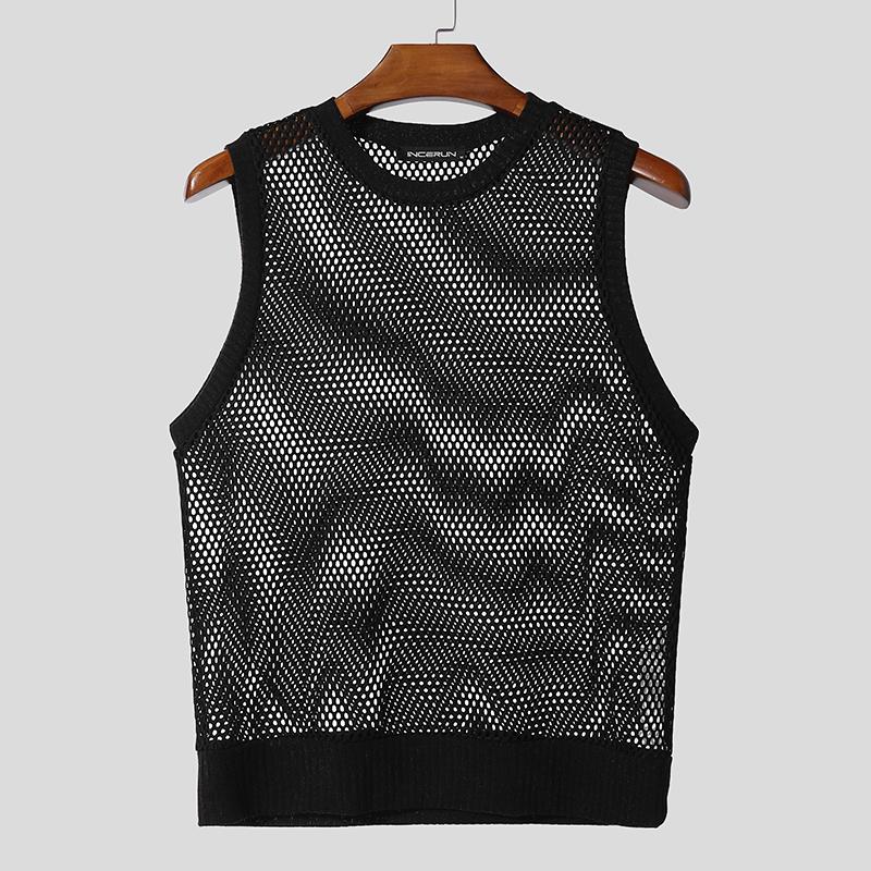 

INCERUN Men Sleeveless Mesh Sheer See Through Party Club Tank Tops M чёрный