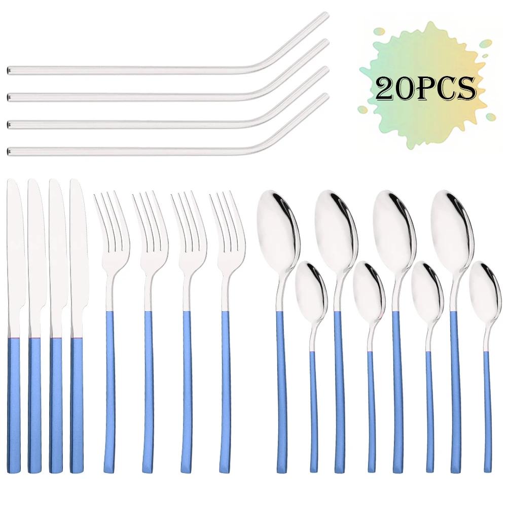 20Pcs/Set Rose Gold Cutlery Set Stainless Steel Tableware Knife Fork Spoon Straw Dinnerware Set Kitchen Flatware Silverware