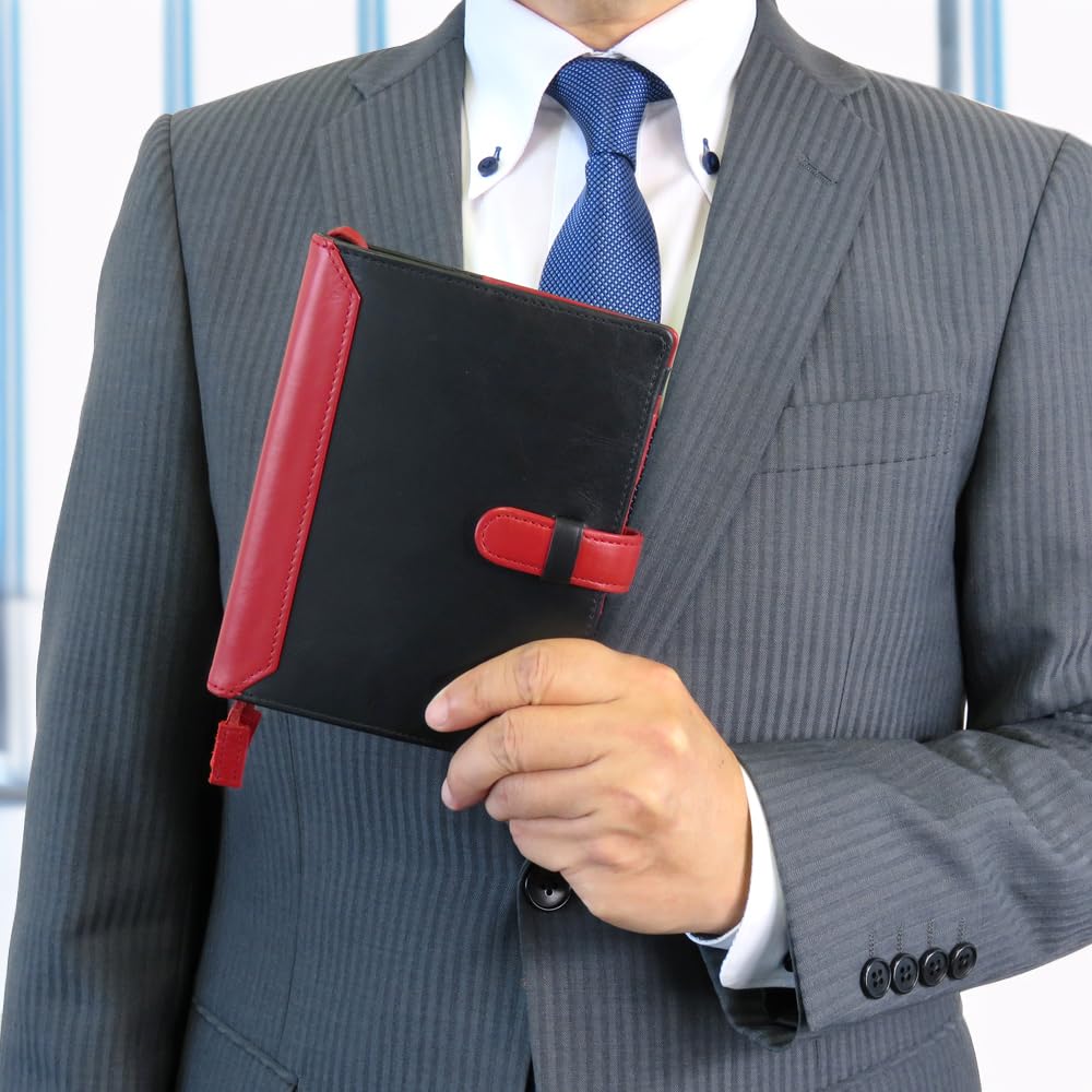 (Seal Al) A6 Size Leather Notebook Cover with Belt, Two-Tone Design (No Name Engraving, 01. Black X Red)