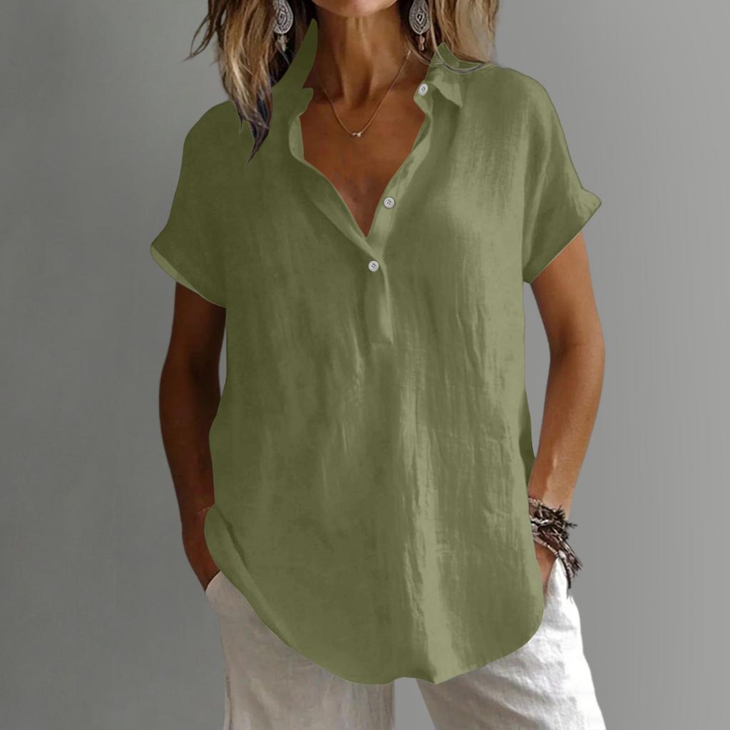 Women's Loose-Fit -Color Cotton-Linen Shirt: Casual Short-Sleeve Top