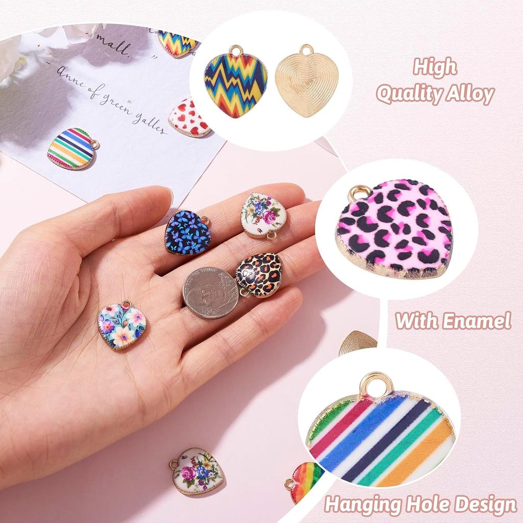 Craftdady 48 Stück Emaille Herz Anhänger Blume Regenbogen Streifen Leopard Muster Herz Metall Anhänger Bunte Legierung Valentinstag Herz Anhänger für