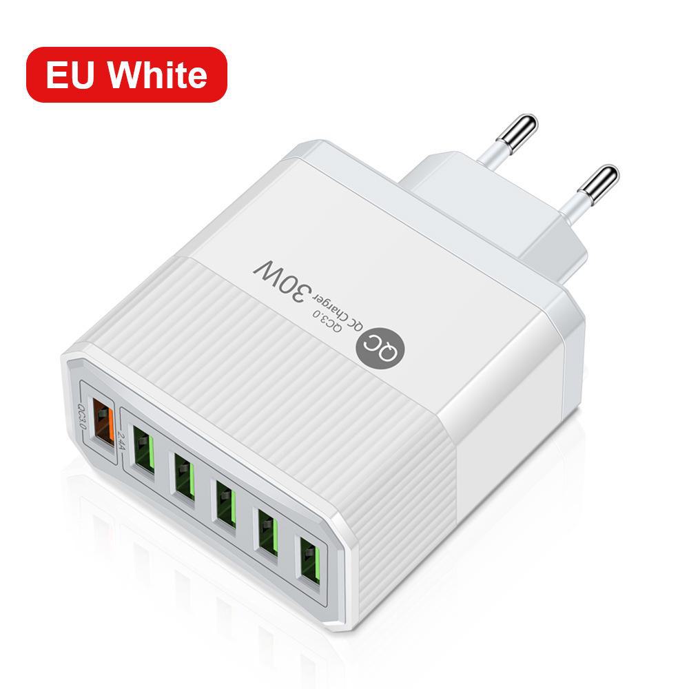 30W 6-Port QC3.0 Multi-Plug Fast Charger for EU, US, UK, & Korea