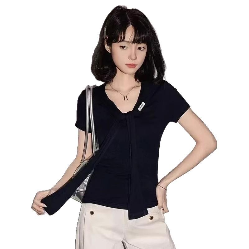 Age-reducing shawl straps front shoulder V-neck short-sleeved T-shirt women's summer unique thin navy collar design top