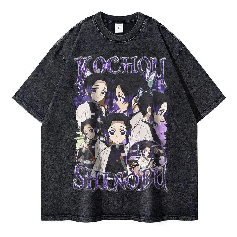 Nezuko T Shirts Vintage Washed Anime Kimetsu No Yaiba T-shirt Oversized Short Sleeve Demon Slayer Mitsuri Tokitou Tops Tees Men