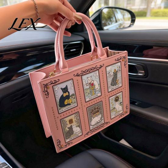 Unique Cute Cat Print Tote Women Bag, Faux Leather Shoulder Artistic Patterns, Casual Bag Stylish Crossbody Handbag for Work Daily Use Vintage Pattern