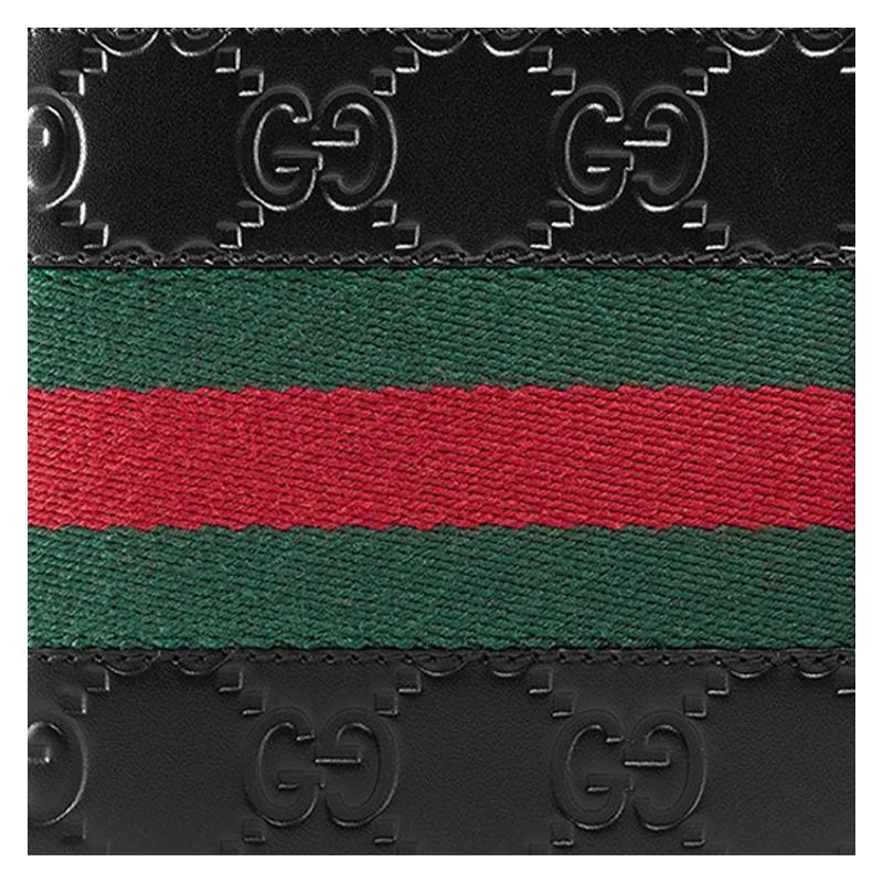 Gucci Presbyopia Logo embossed red and green striped webbing short bifold leather wallet wallet men's black
