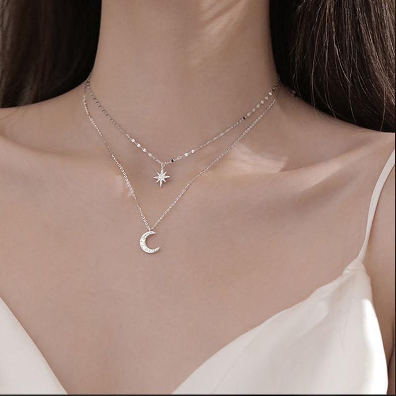 925 Sterling Silver Star Moon Double Layer NecklaceShiny Zircon Pendants Necklaces for Women Gift Fine Jewelry Accessories