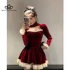 Winter New Red Neck Hanging Dress Christmas Style French Style Lace Bowknot Pleated Velvet Short Dress