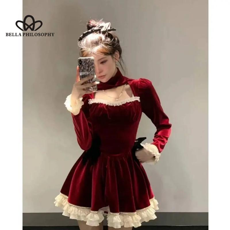 Winter New Red Neck Hanging Dress Christmas Style French Style Lace Bowknot Pleated Velvet Short Dress