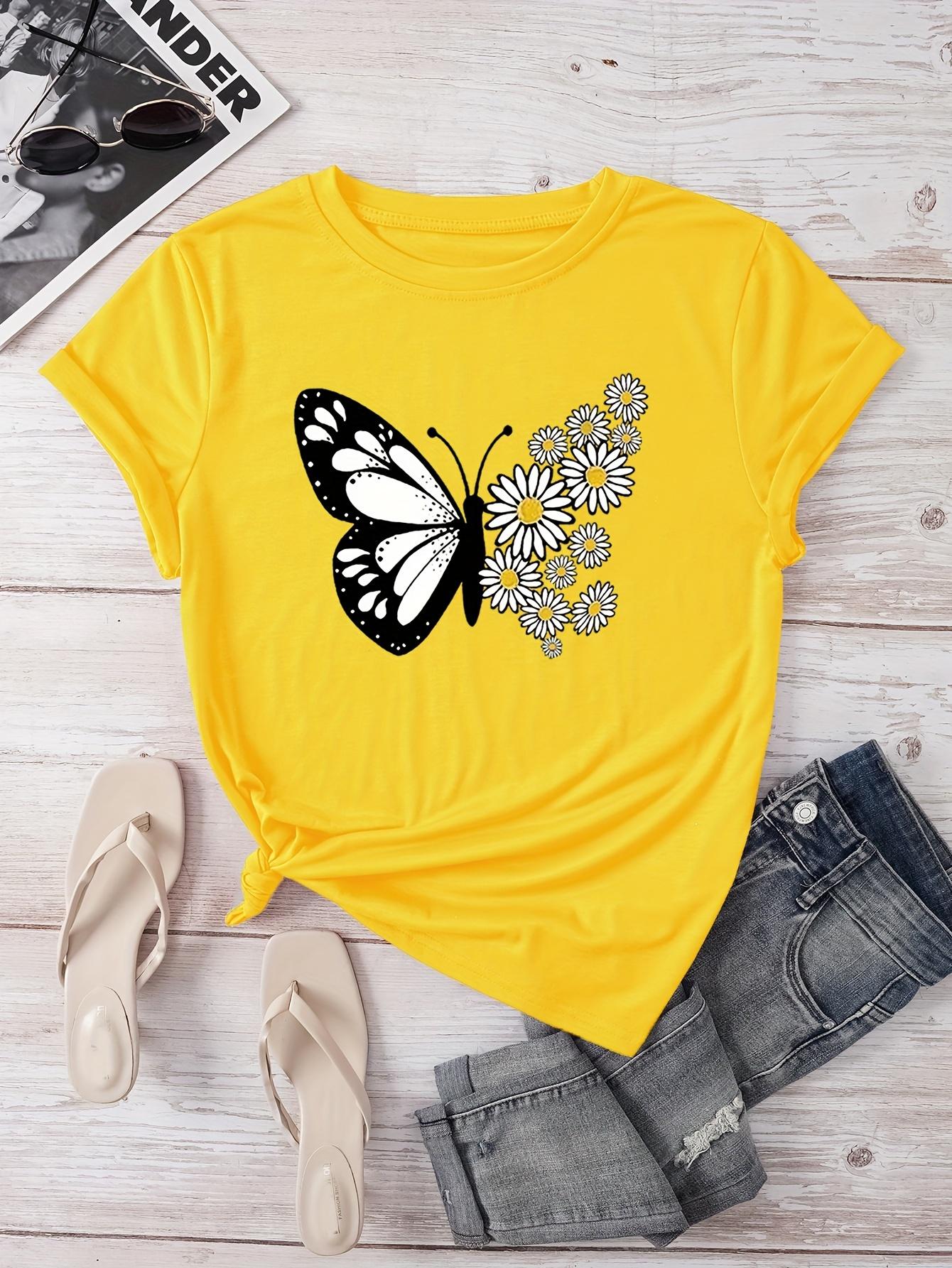Butterfly Daisy Women s Tee - Floral Butterfly Graphic, Casual Yellow Top S