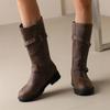 Women Mid Calf Boots Round Toe Block Mid Heels Buckle Zipper Concise Ladies Fashion Shoes Autumn Winter Black Brown 46
