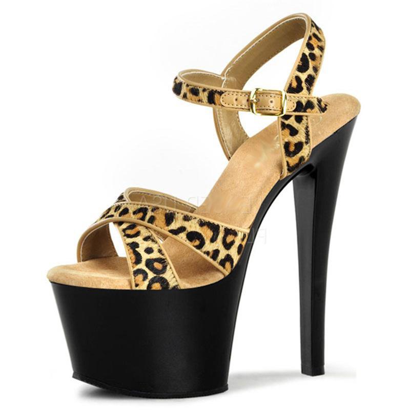 Wild leopard print crystal heel 15cm high heels hate sky high stiletto waterproof table hollow cross with sandals