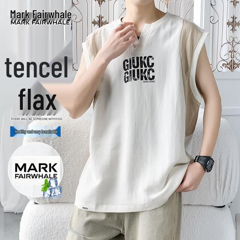 MARK FAIRWHALE Men s Tencel Linen Sleeveless Top & Two-Piece Set XL