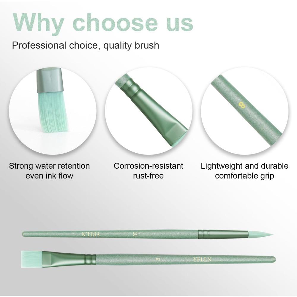 Paint Brushes Set Green, Nylon Hair for Acrylic Watercolor Oil Painting, Detailing Art Supplies for Canvas Rock Face