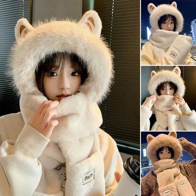 Thickened Plush Hat Scarf Gloves Set Winter Warm Neck Warmer Women Beanies Caps Cute Ear Outdoor Ear Protection Caps Girls