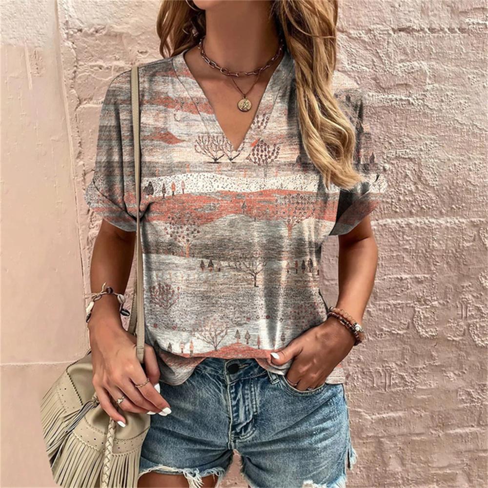 Retro Summer 3d TShirt Harajuku Casual Short Sleeve Women's T-Shirts Fashion Characters Top Tee V-Neck Oversized Female Clothing