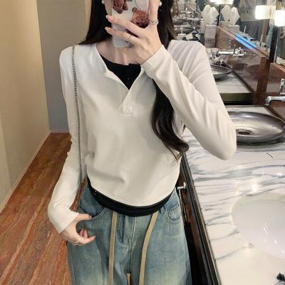 Korean Fake Two-piece Long-sleeved Women's T-shirt for Spring New Short Slim Base Shirt Korean Versatile Top T-shirt