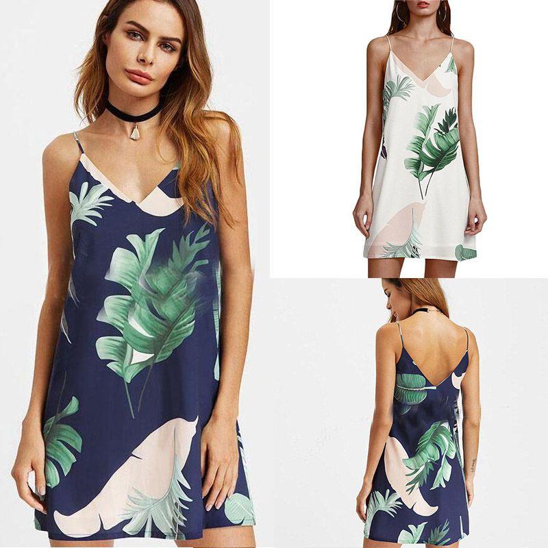 Sidefeel Women V Neck Halter Tropical Plants Printed Casual Dress For Elegant Summer Occasions