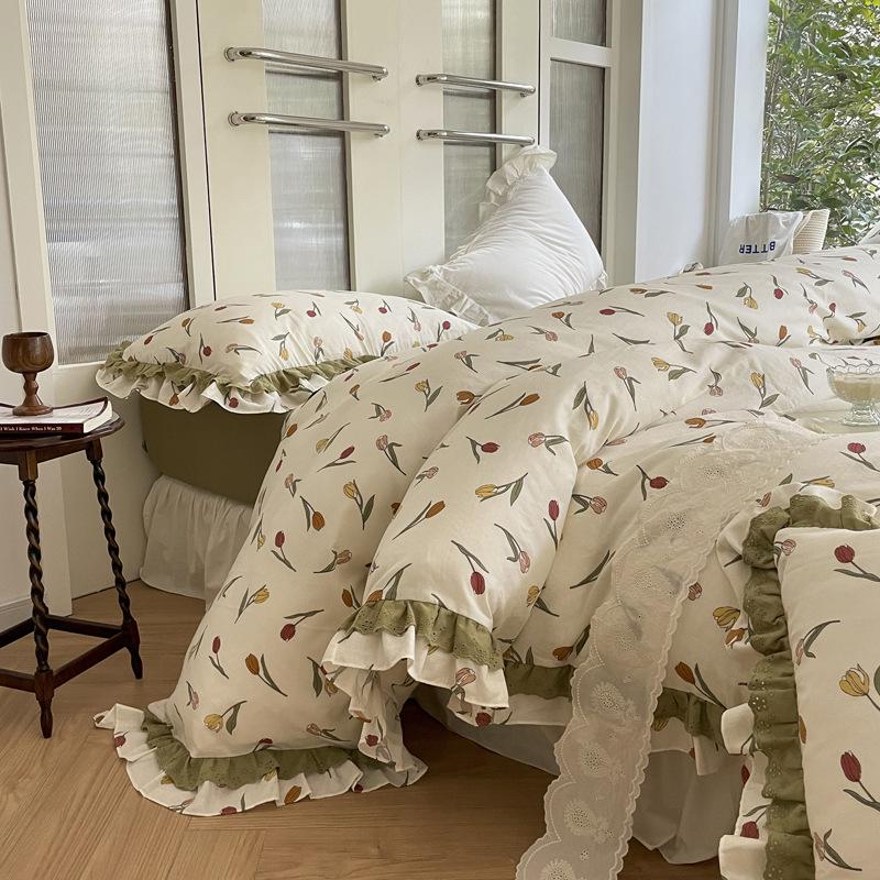 Cotton Double-layer Gauze Flower Bedding Set Four-piece Set Skin-friendly and Breathable Washed Sheets Quilt Covers Pillowcases