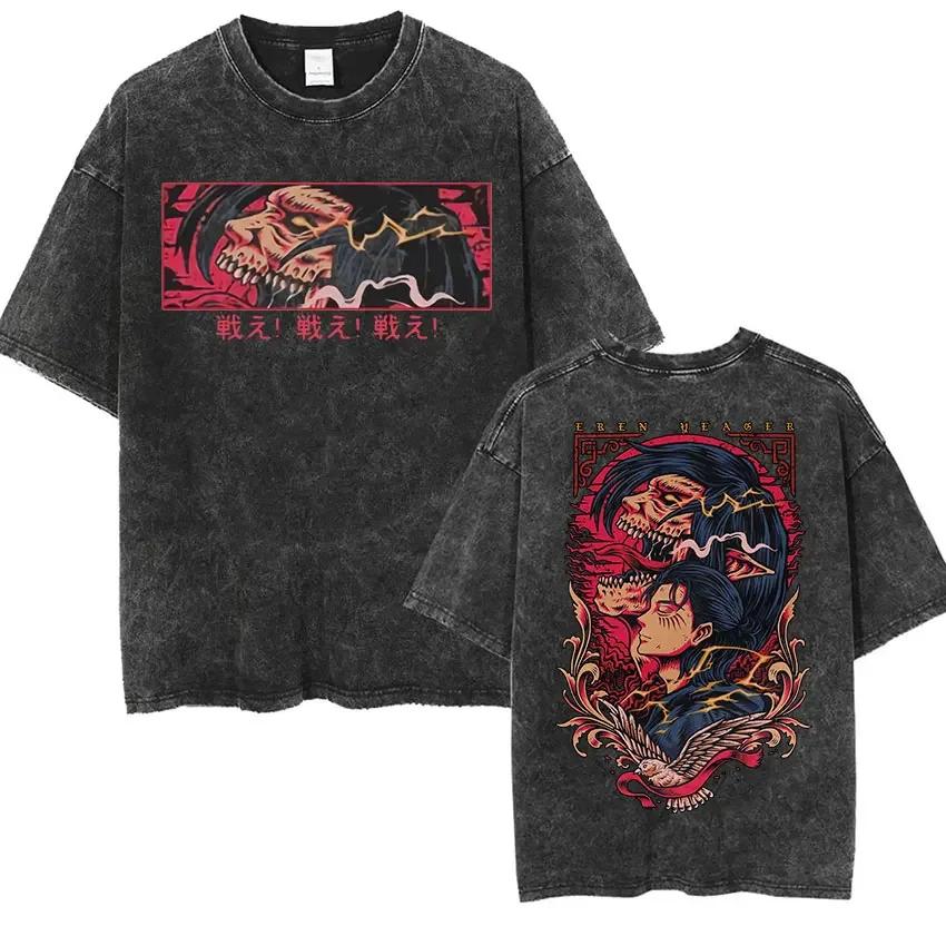 Anime Attack Titan Retro Wash Bedrucktes T-Shirt Mikasa Ackerman Eren Jaeger Freie Flügel Muster Herren Sommer T-Shirt