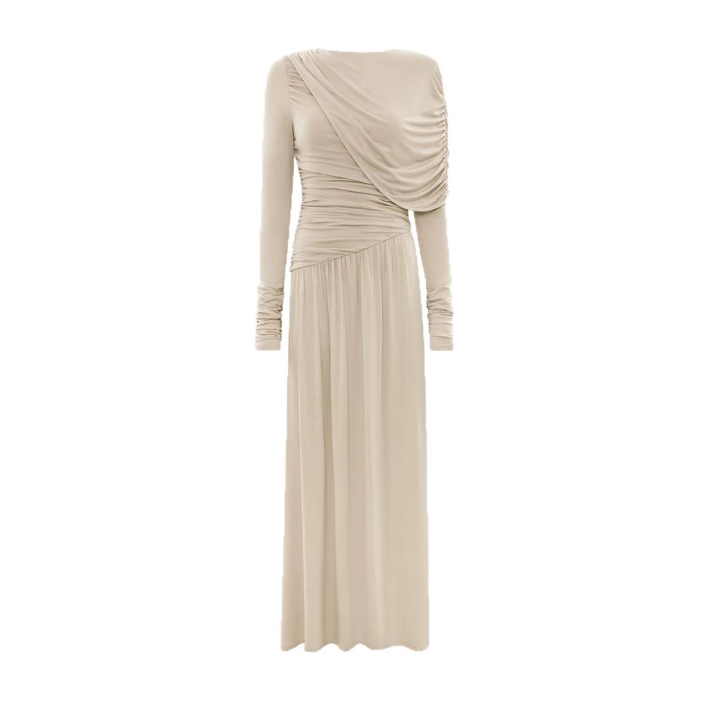 Spring temperament celebrity style splicing pleated long-sleeved dress slim and thin solid color long dress women's clothing