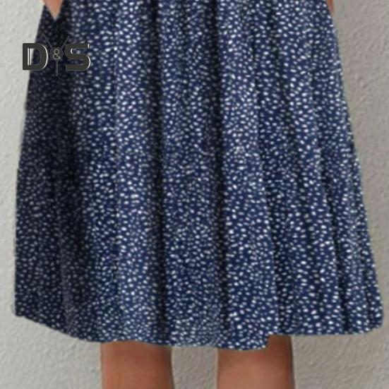 Women's Floral Print Tunic Shirt Dress Short Sleeve Crew Neck Pleated Midi Dress with Pockets Summer Boho Swing Sundress