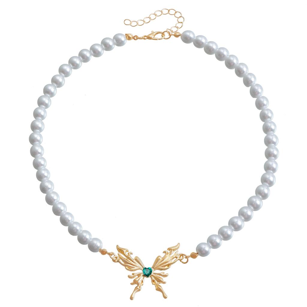 Metal butterfly rhinestone pendant imitation pearl collarbone chain high-end simple necklace