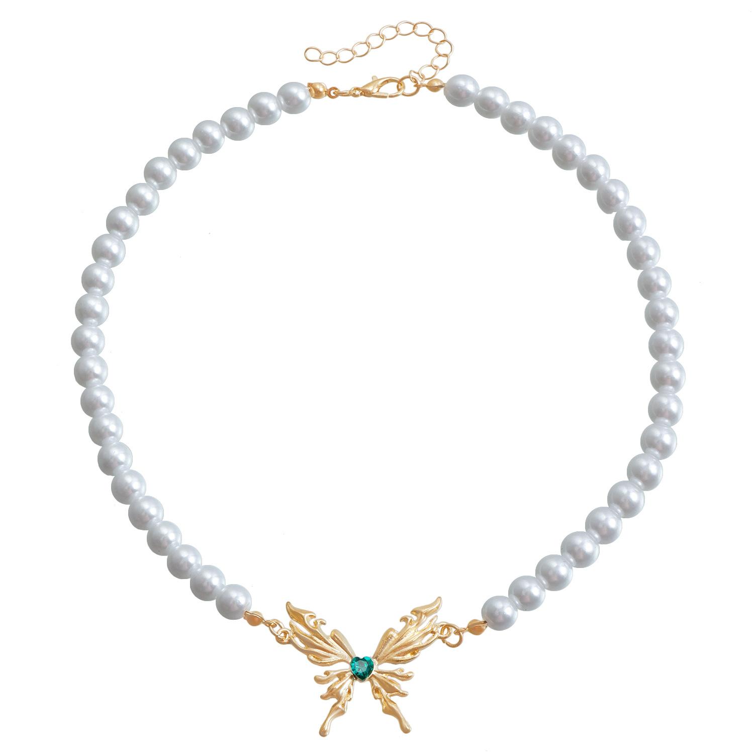 Metal butterfly rhinestone pendant imitation pearl collarbone chain high-end simple necklace