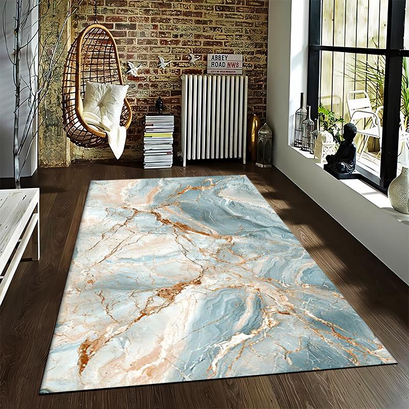 Luxury Marble Texture Soft Carpet In Blue and Gold for Bedroom Decor Suitable for Use As an Anti-slip for Living Room Bedroom Sofas