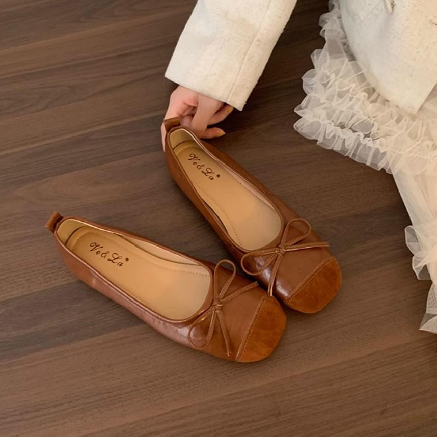 Korean version of flat-soled red small single shoes, light-mouth shoes, spring and summer new French bow ladyshoes, soft-soled soft-faced women's shoe