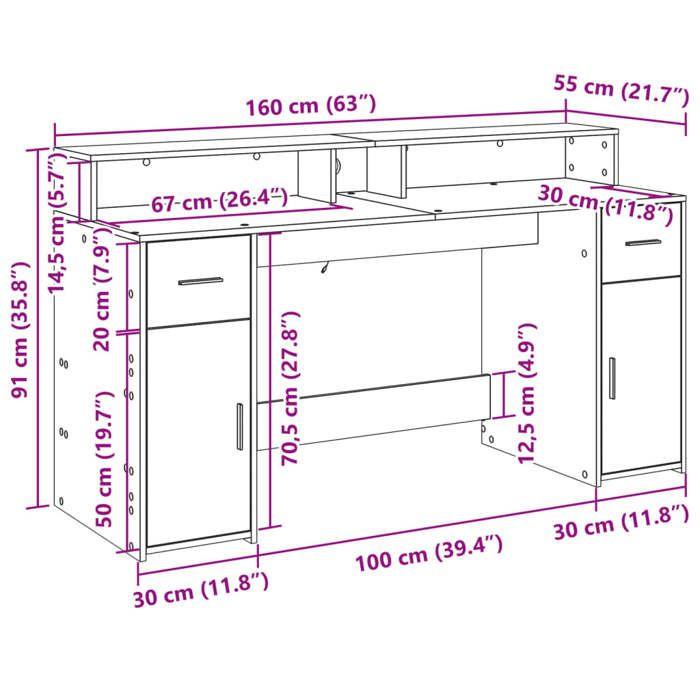 VidaXL Desk and LED Lights Brown Oak Engineered Wood, Work Desk, Study Desk, Home Office Desk, Desk 3309435