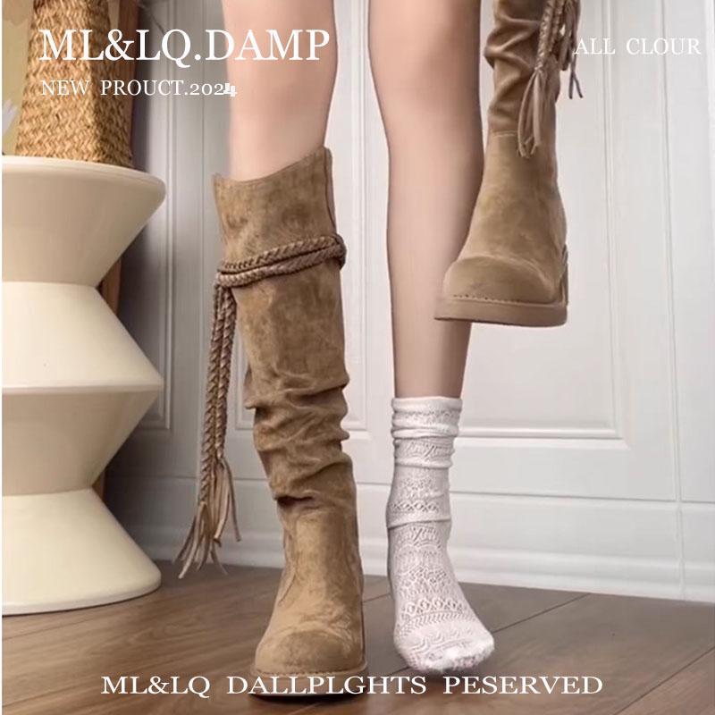 Cowhide Version~ Retro Wasteland Wind Fringed Knight Boots Thick Heel But Knee Long Boots Thin Pile High Boots Women