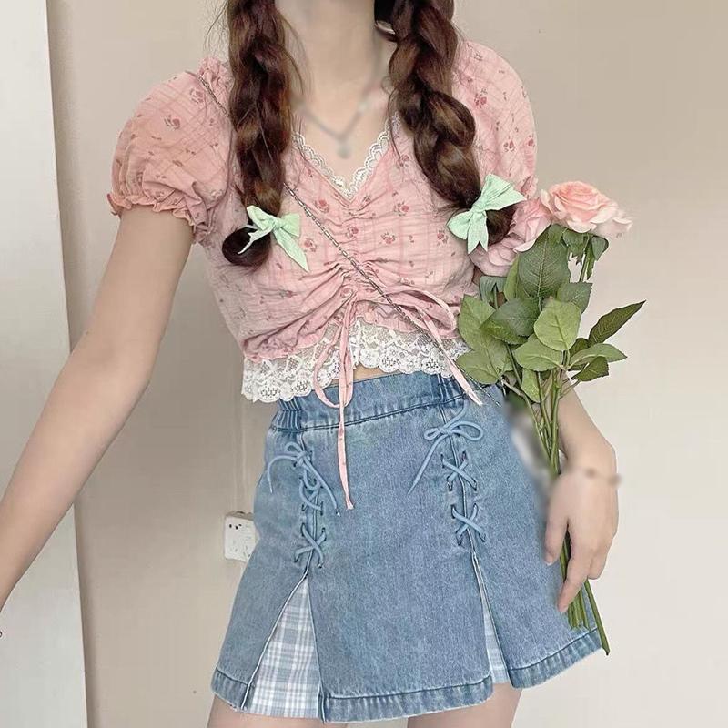 

Женский укороченный топ с цветочным принтом и коротким рукавом с пышными рукавами, приталенного кроя One Size