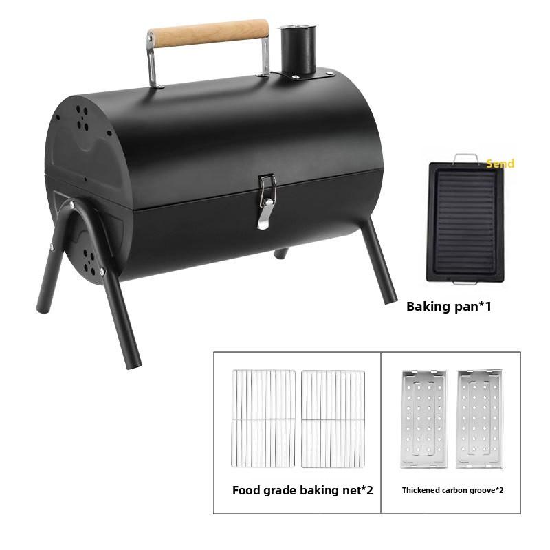 

Portable Double-Sided Grill - Outdoor Smokeless BBQ Chimney Stove for Garden, Camping & Picnic Use Black - Baking Mesh + Baking Pan